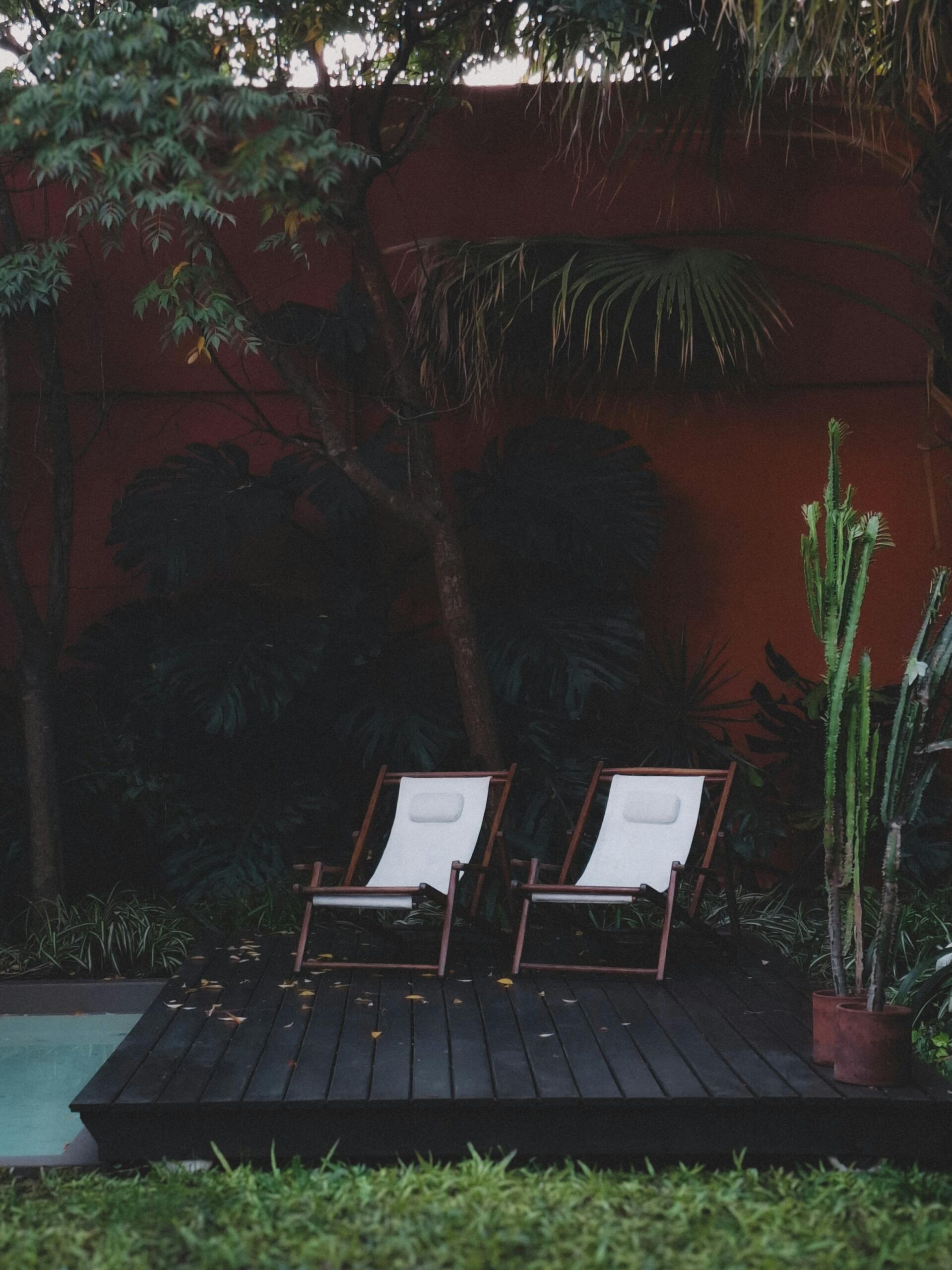 Serene backyard deck with two lounge chairs surrounded by lush greenery.
