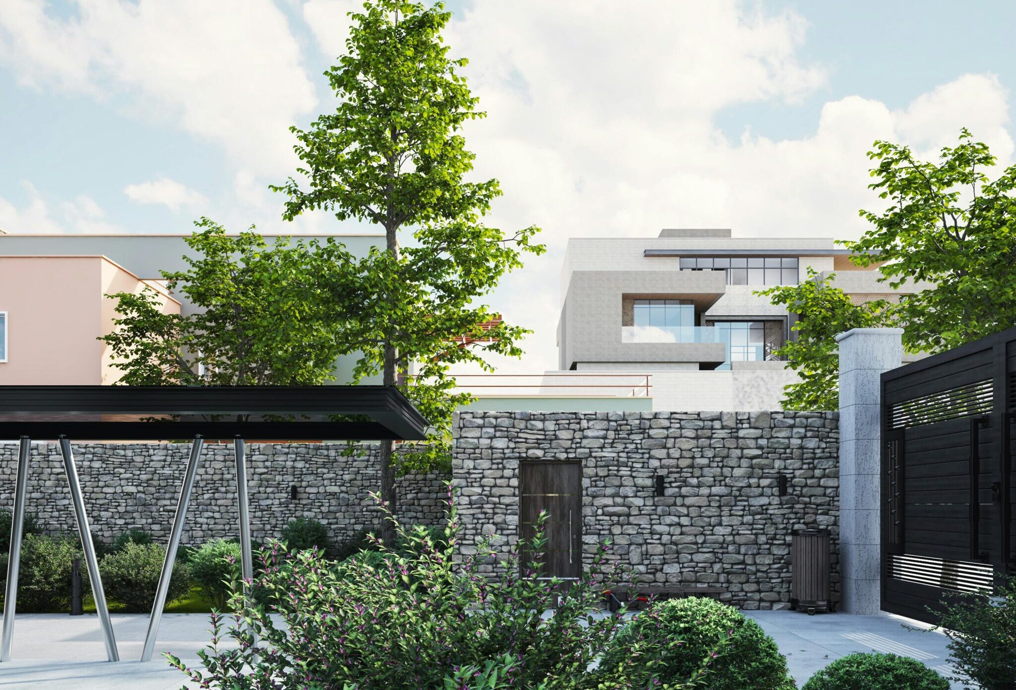 Contemporary suburban exterior view showcasing lush garden and trees.